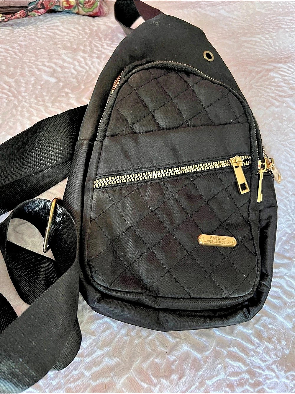 Fashion JINGPIN Creations Quilted Sling Crossbody Backpack Black